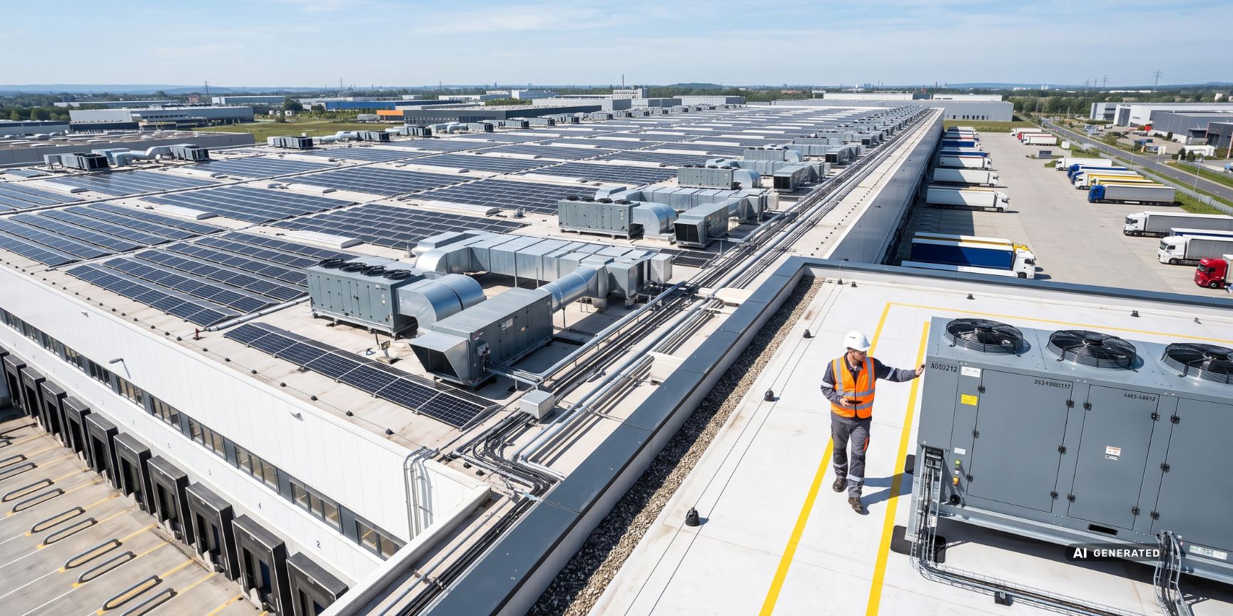 Facility-Manager inspiziert Gebäudetechnik und Solaranlagen auf dem Dach einer Logistikimmobilie. Visualisiert Instandhaltungspflichten beim NNN-Vertrag.